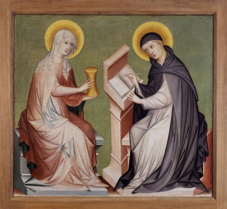 zur Vergrößerungsansicht des Bildes: Die zweiseitige Tafel zeigt auf der Vorderseite Maria, die einem Mönch das Gefäß der Erwählung präsentiert.