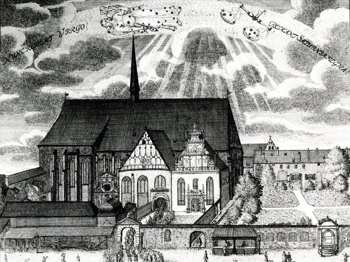enlarge the image: Ein Kupferstich zeigt die historische Ansicht auf Paulinerkirche und den botanischen Garten.