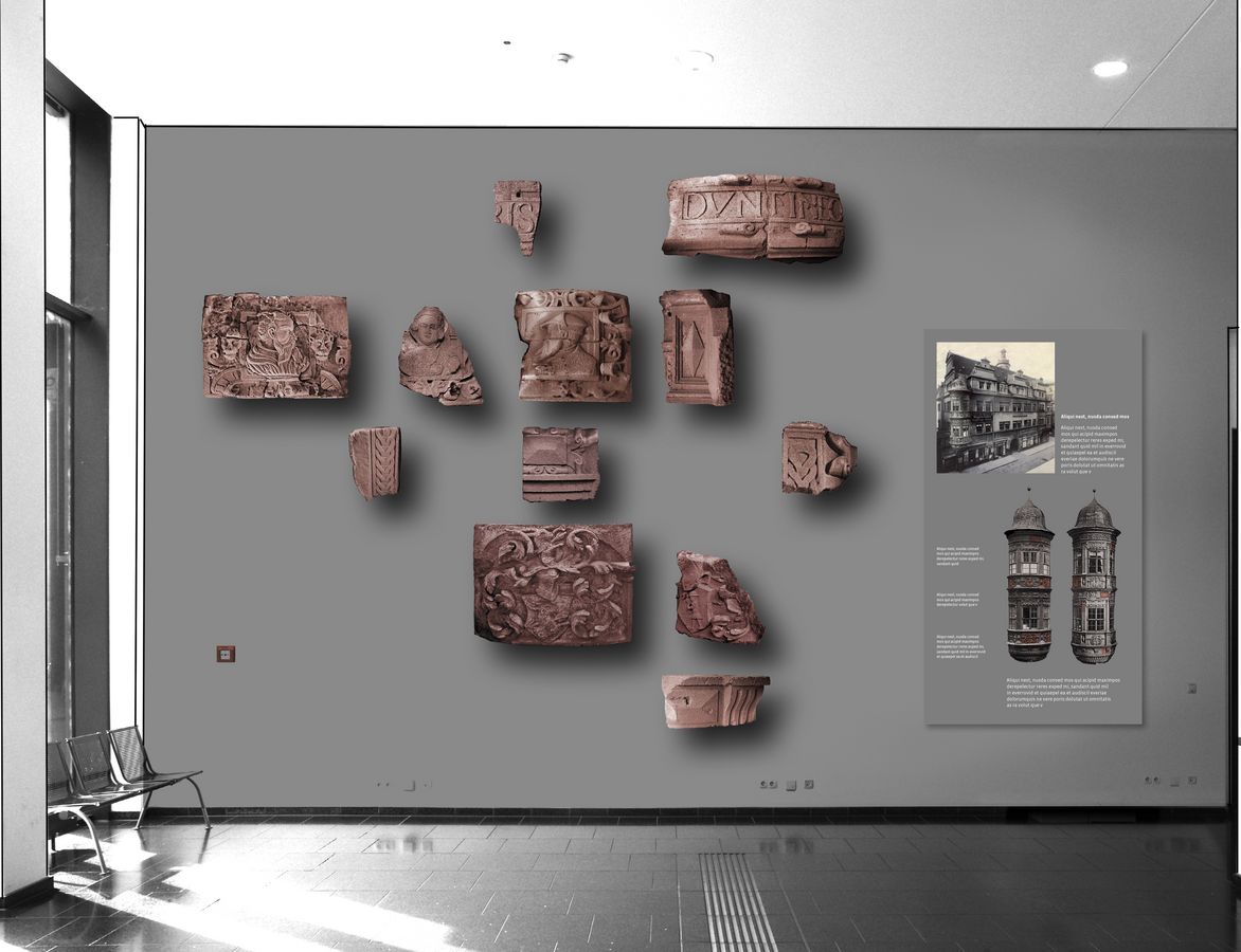 enlarge the image: Der Entwurf zeigt ein Lapidarium, welches die Restaurierungsarbeit der Fürstenhauserker-Fragmente präsentieren soll.