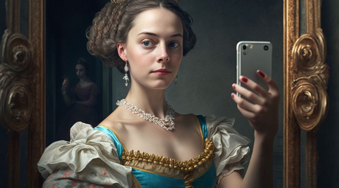 Eine Frau in einem historischen Kostüm, die einem historischen Porträtgemälde zu entstammen scheint, hält ein Handy in der Hand, so als würde sie ein Selfie machen