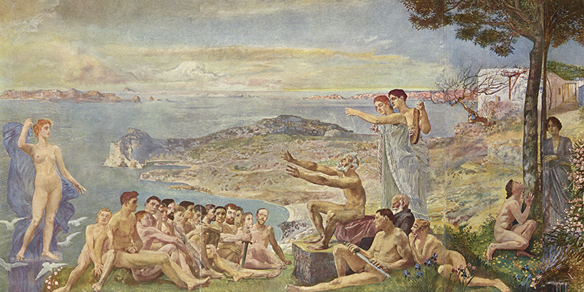 zur Vergrößerungsansicht des Bildes: Ausschnitt des Gemäldes "Die Blüte Griechenlands" von Max Klinger, dargestellt ist eine Landschaft mit mythologischen und historischen Figuren, Venus, Homer etc.