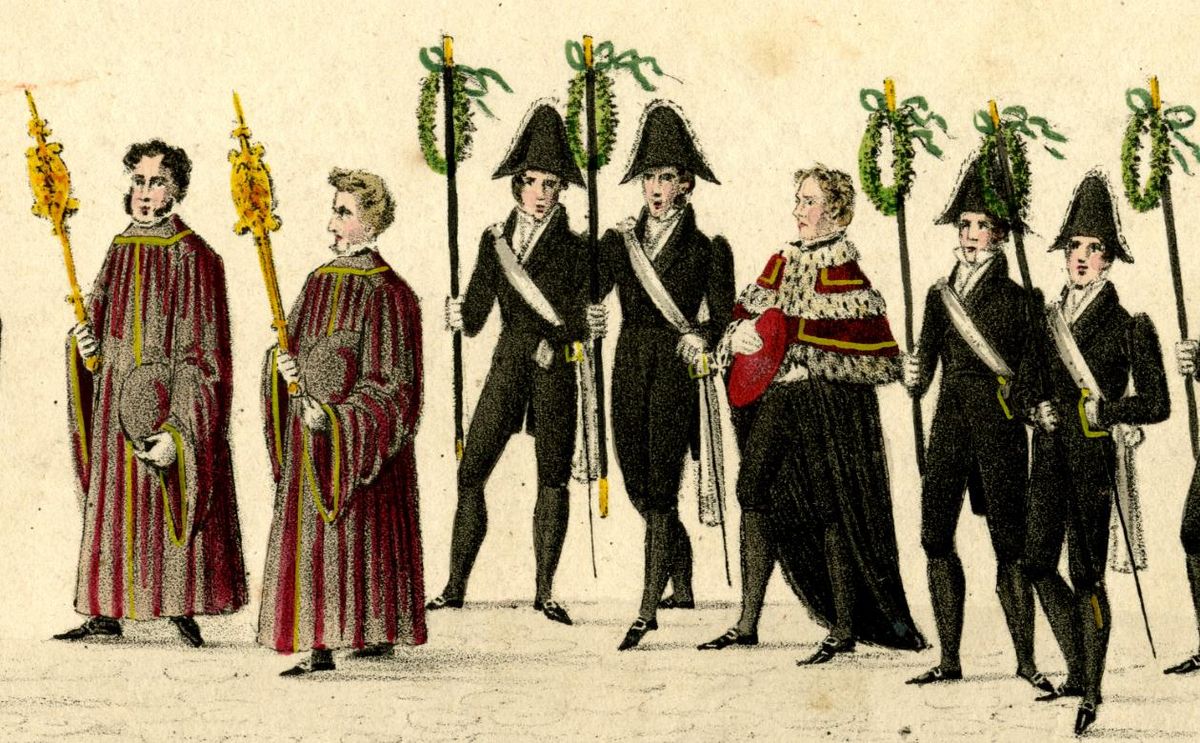 zur Vergrößerungsansicht des Bildes: Der Bildausschnitt der Lithografie zeigt die Rektorgruppe bei einem Festzug am Reformationstag im Jahr 1830