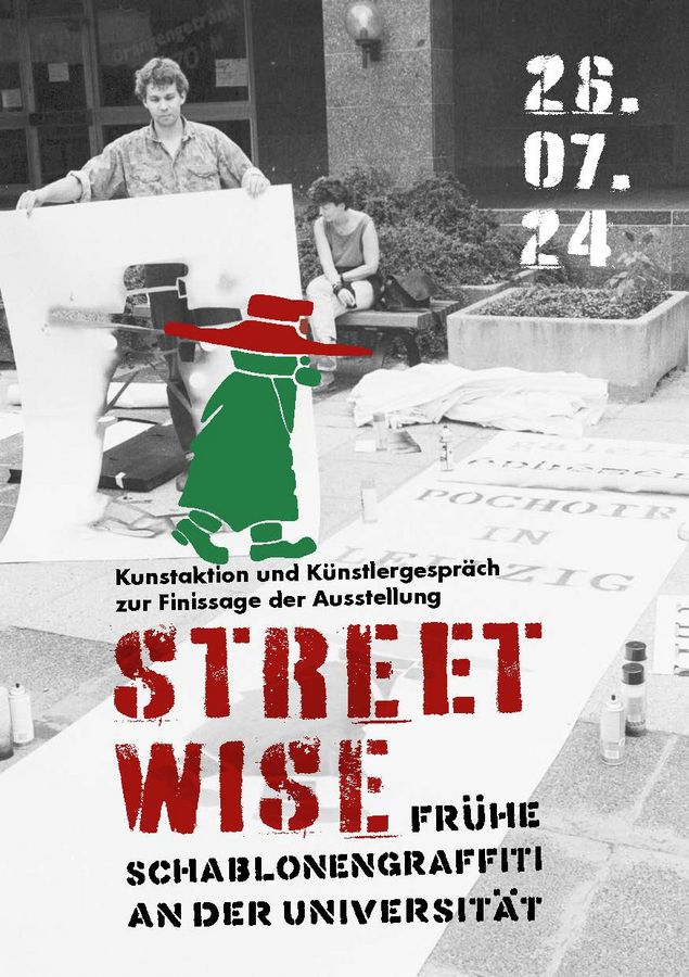 zur Vergrößerungsansicht des Bildes: schwarz-weiß Foto von der Aktion Galerie Ephémère 1991, kombiniert mit dem bunten Werbemotiv der Ausstellung Streetwise, aus der Schablone von einst steigt das Graffiti-Männchen grün mit rotem Hut heraus