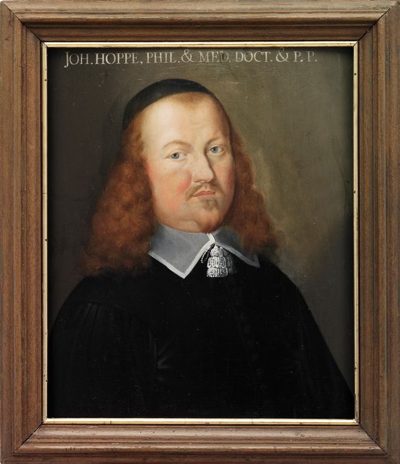 zur Vergrößerungsansicht des Bildes: Das Porträt des Mediziners Johannes Hoppe präsentiert ihn in zeitgenössischer Kleidung und langem roten Haar