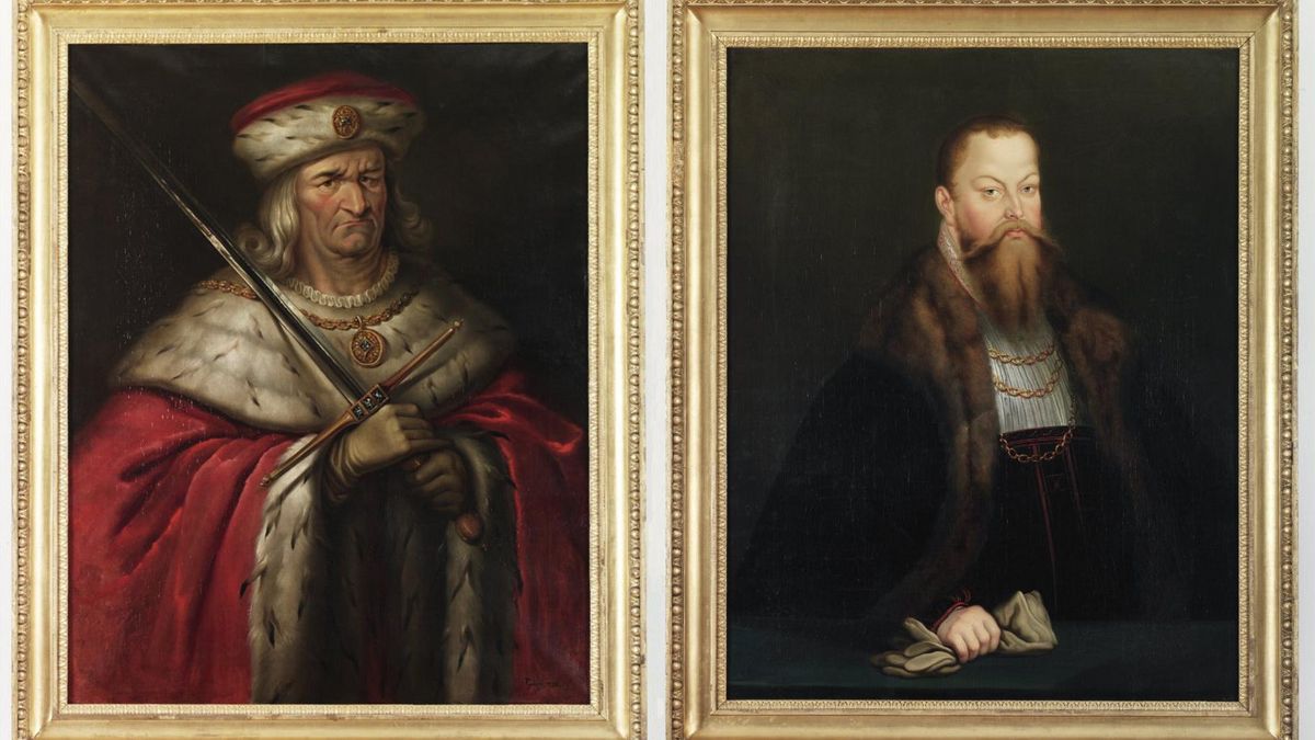 Die Herrscherporträts zeigen Moritz, Kurfürst von Sachsen, Landgraf von Thüringen (links) und Friedrich IV. (Der Streitbare), Markgraf von Meißen (rechts)