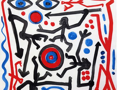 Das abstrakte Werk von A. R. Penck vereint rote, blaue und schwarze Symbole, die Menschen, Augen und Speere darstellen.