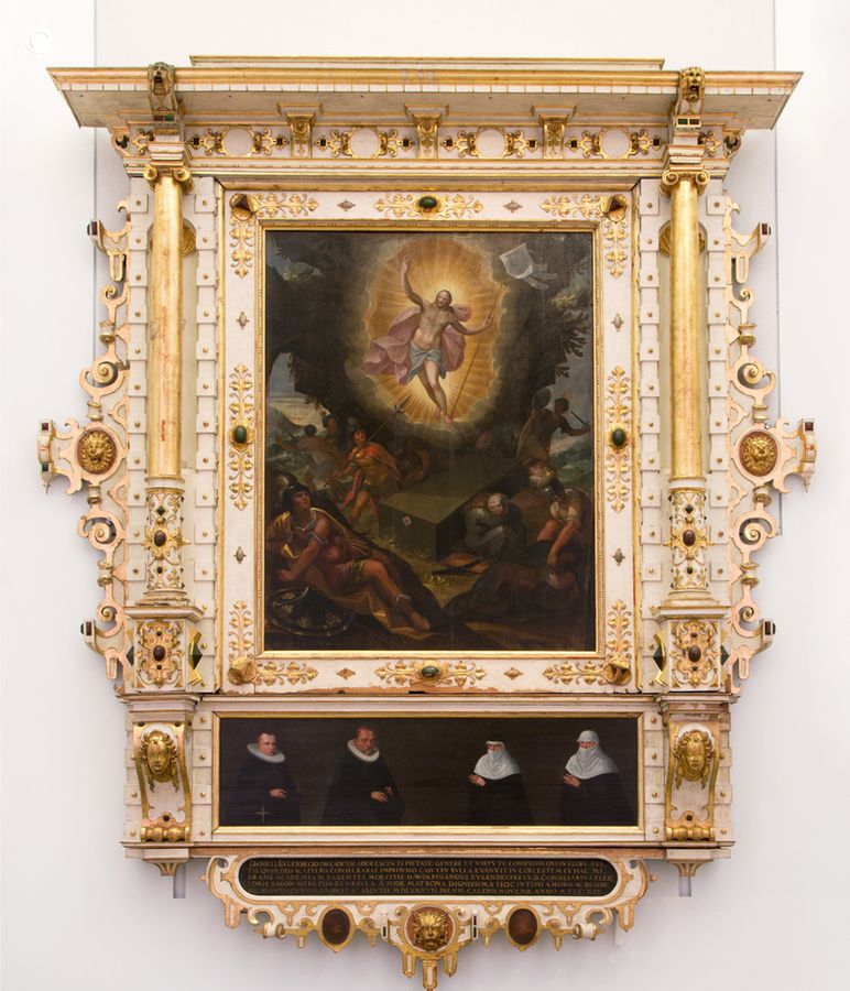 zur Vergrößerungsansicht des Bildes: Das Totengedächtnismal für Daniel Eulenbeck ist gold und schmuckreich verziert. Zentral ist ein Gemälde, welches die Auferstehung Christi zeigt.