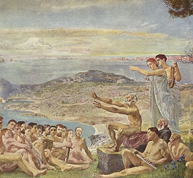 Ausschnitt des Gemäldes "Die Blüte Griechenlands" von Max Klinger, dargestellt ist eine Landschaft mit mythologischen und historischen Figuren, Venus, Homer etc.