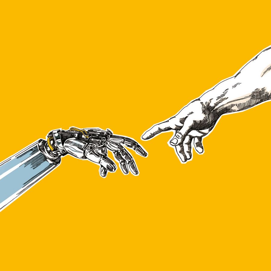 zur Vergrößerungsansicht des Bildes: Eine menschliche Hand und eine Roboterhand berühren sich fast mit dem Zeigefinger, die Darstellung ist eine Abwandlung des Motivs von Michelangelo