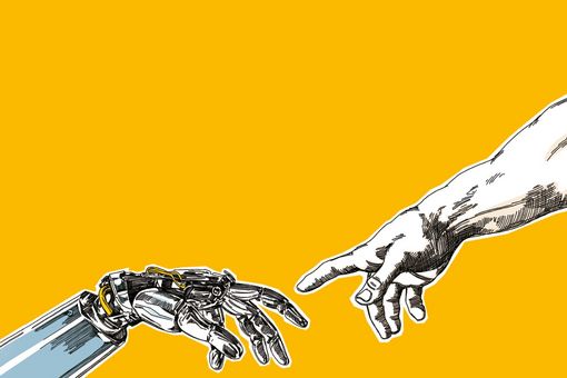 Eine menschliche Hand und eine Roboterhand berühren sich fast mit dem Zeigefinger, die Darstellung ist eine Abwandlung des Motivs von Michelangelo
