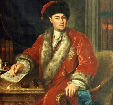 David Matthieu, Bildnis des Kurfürstlich sächsischen Staats- und Cabinetsministers Ernst Christoph Graf von Manteuffel, Öl auf Leinwand, 1736 Graf von Manteuffel sitzt in einer häuslichen Umgebung am Schreibtisch, um ihn eine große Anzahl an Büchern, er ist als Gelehrter dargestellt